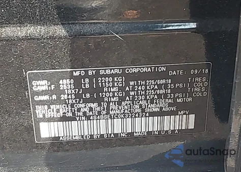 2019 Subaru Outback 3.6R Touring z USA, uszkodzony, nr VIN 4S4BSETC0K3224324